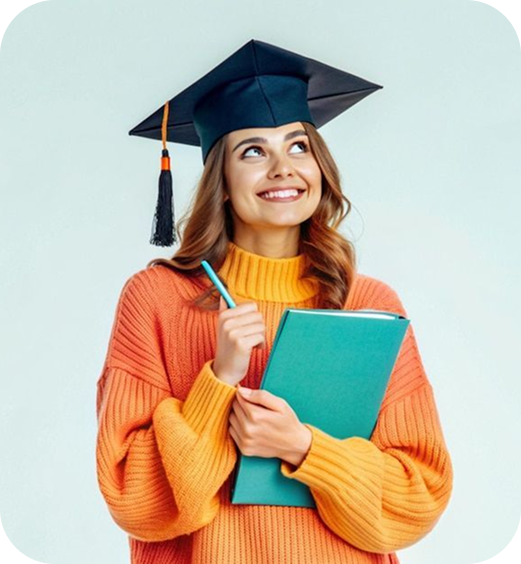 Graduate student holding folder with cap